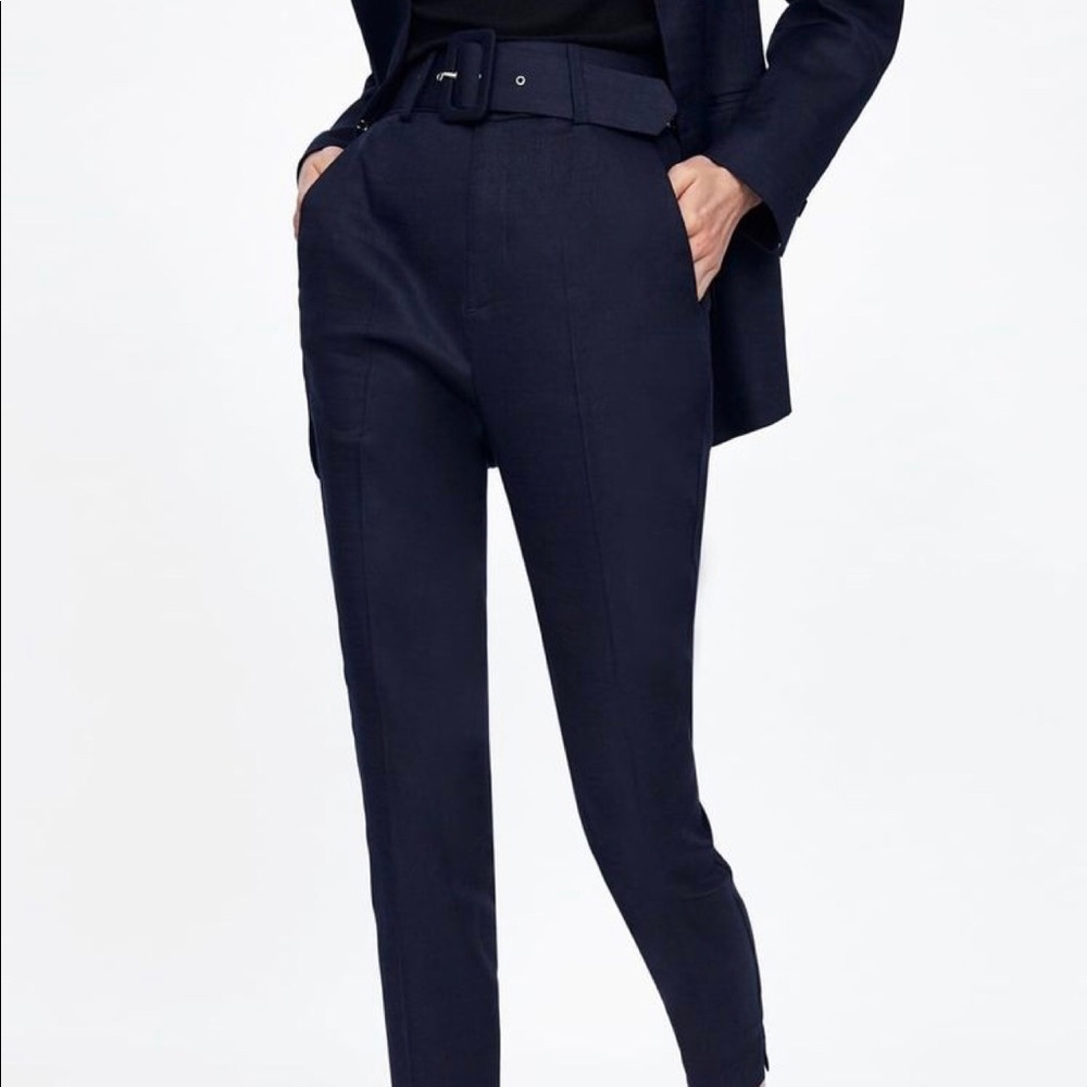 zara high waisted belted pants in navy - L